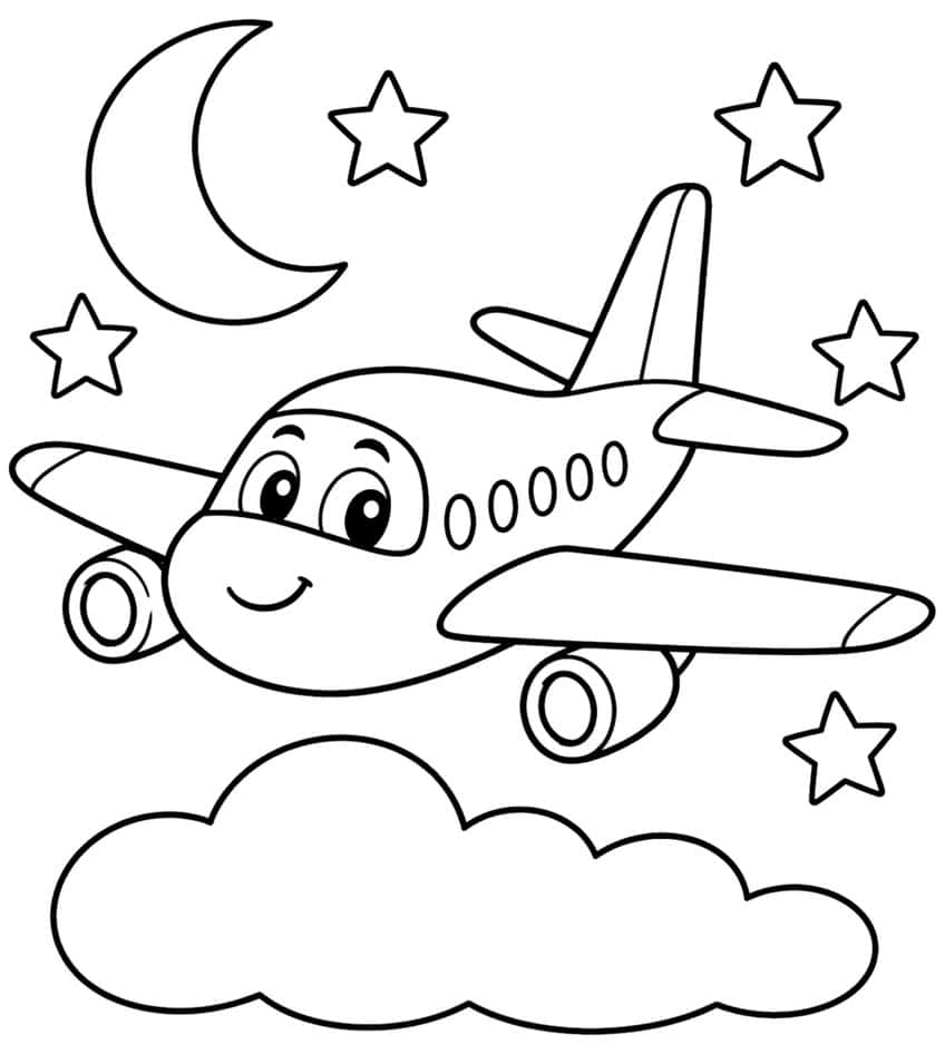 Cartoon airplane with a smiling face flying above a cloud beside a crescent moon and stars