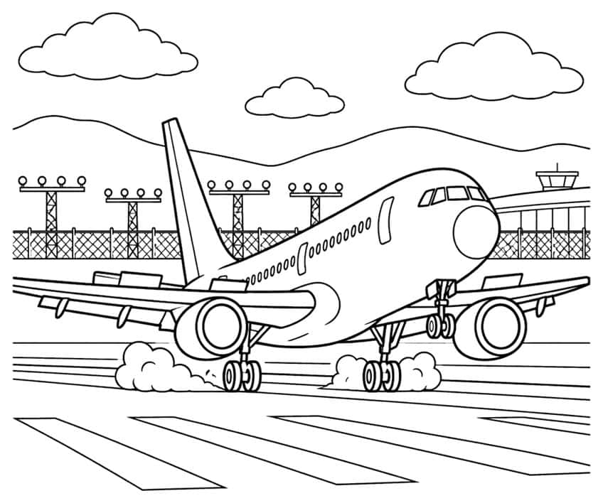 Coloring page of a passenger jet landing on an airport runway, with clouds and a control tower