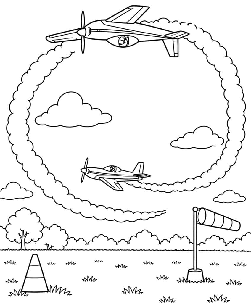 Coloring page of two stunt planes flying a smoke loop over an airfield with a windsock