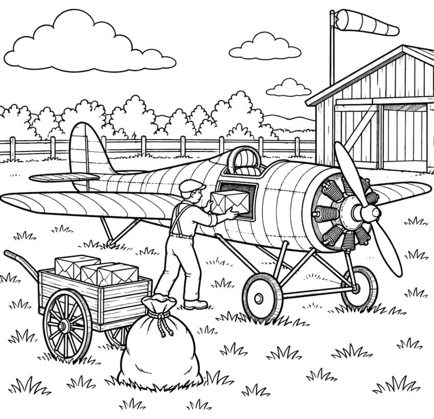 Coloring page of a man loading mail into a vintage propeller plane next to a hangar and cart