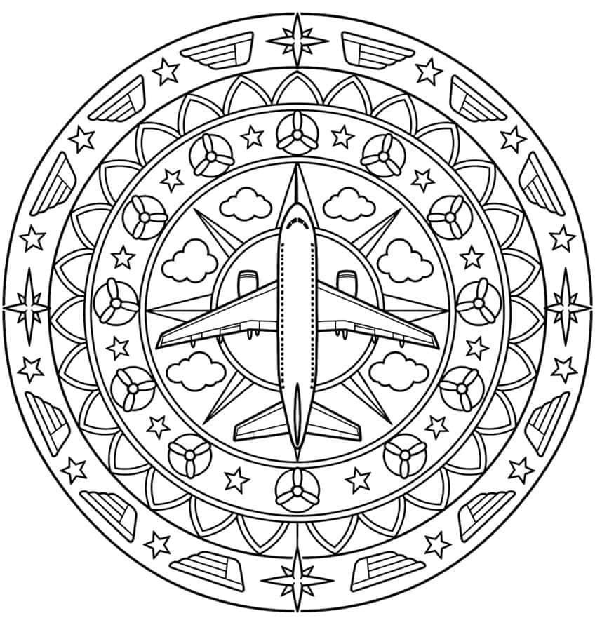 Round mandala coloring page with a top-down jet airliner, clouds, propellers and stars