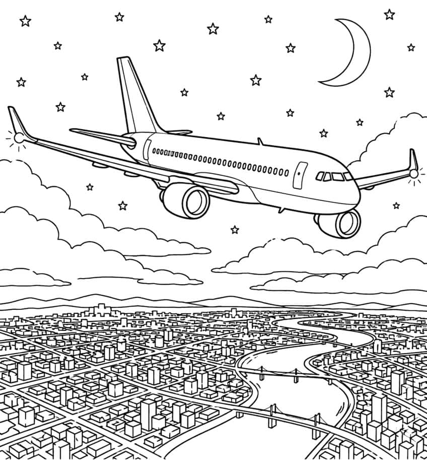 Coloring page of a jet flying at night over a city with a river and bridges