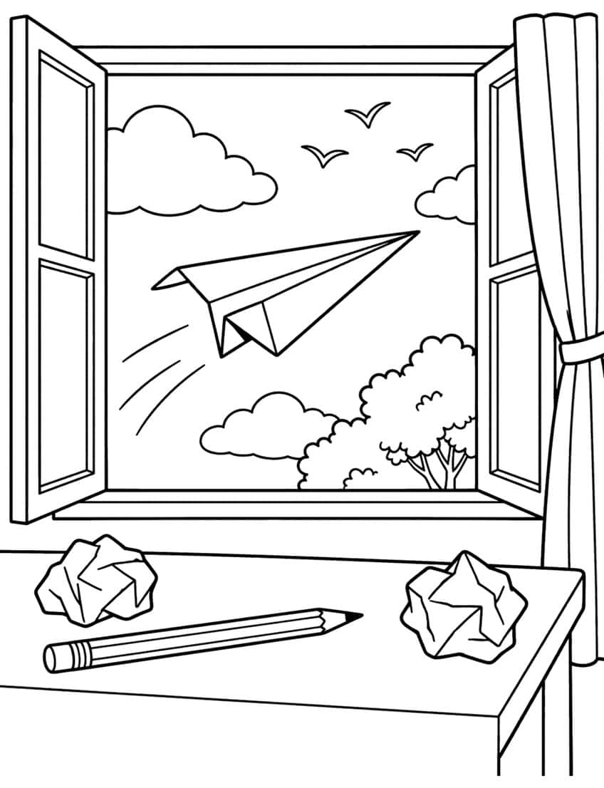 Coloring page of a paper airplane flying out an open window above a desk with a pencil