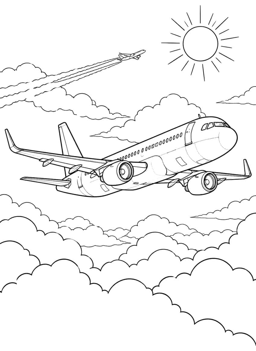 Coloring page of a passenger jet flying above puffy clouds, a sun and a second plane with contrails