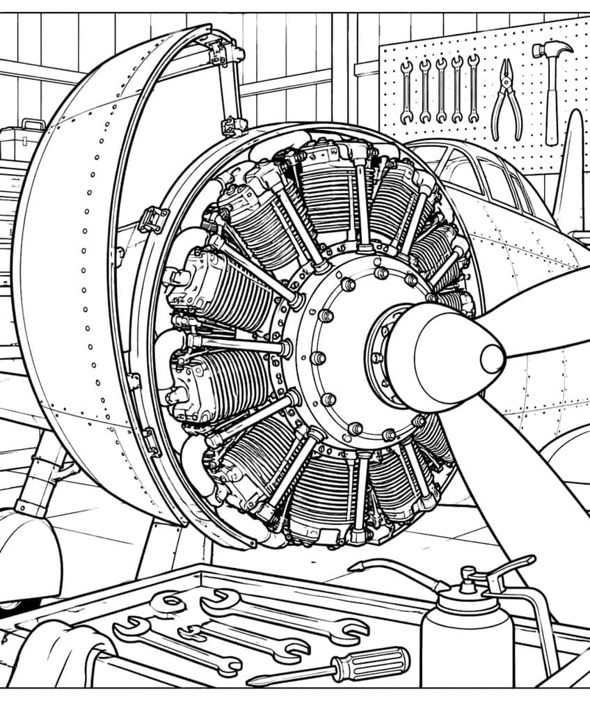 Coloring page of an open radial airplane engine in a hangar with tools and an oil can