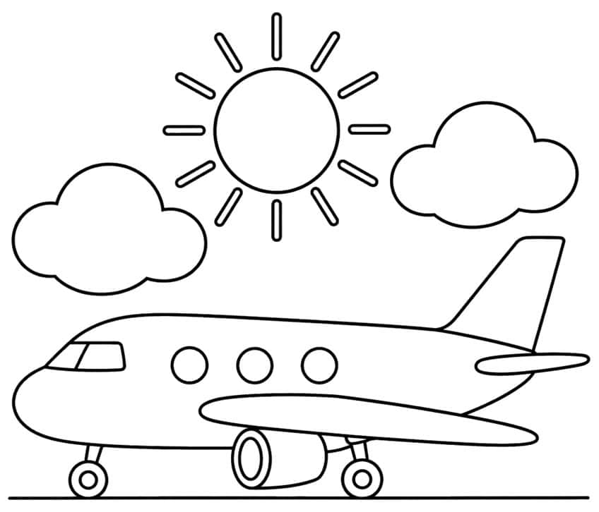 Simple airplane coloring page with a small jet on the ground, a big sun and two clouds