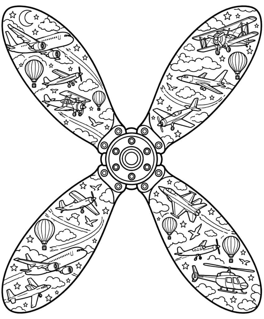 Coloring page of a four-blade propeller filled with small planes, balloons, clouds and stars