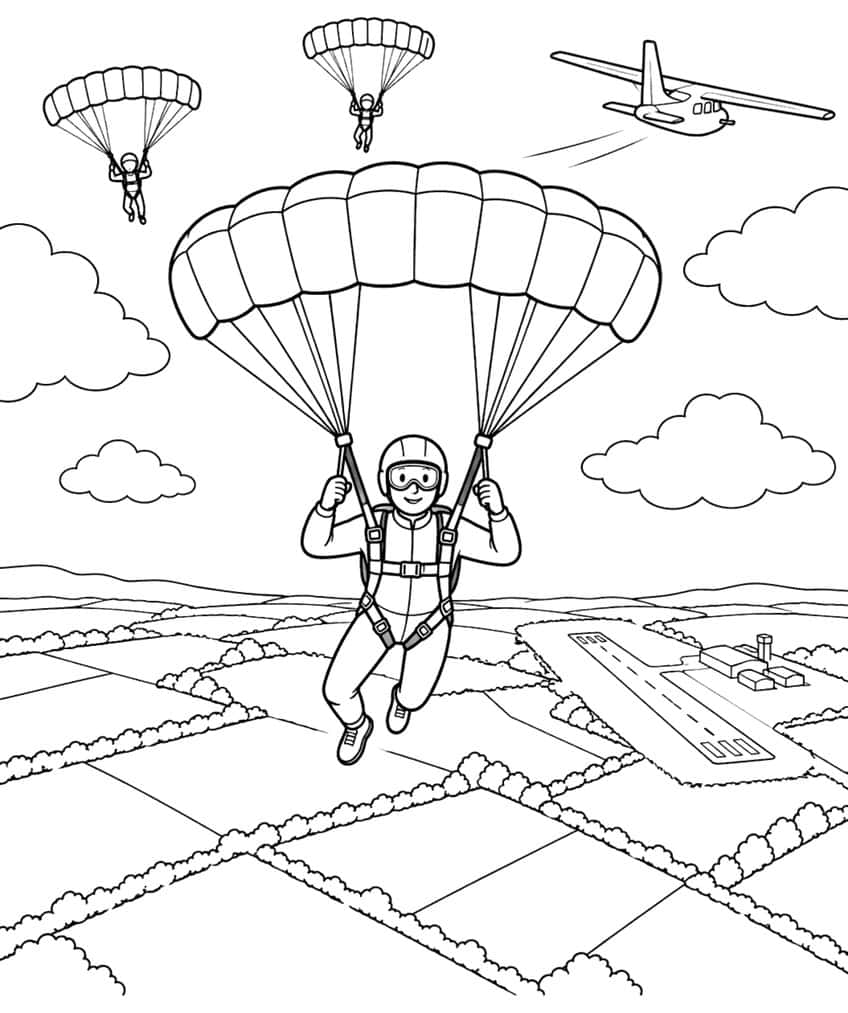 Coloring page of a skydiver under a parachute above farm fields, with a plane and airfield