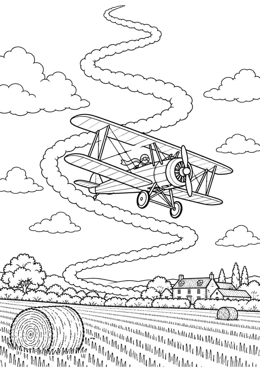 Coloring page of a biplane leaving a winding smoke trail above a hay field and farmhouse