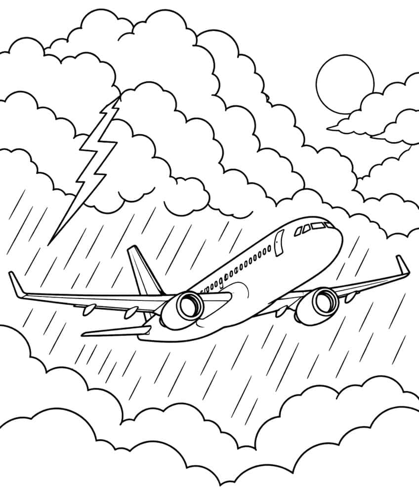Coloring page of a passenger jet flying through rain clouds with a lightning bolt and the sun