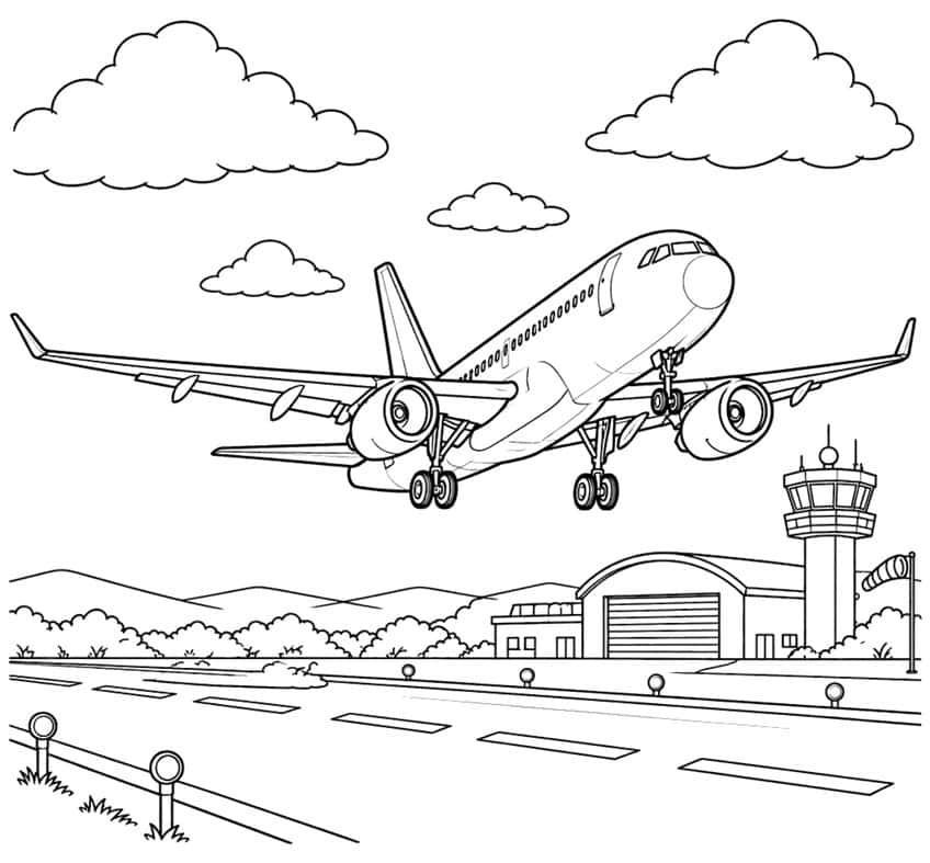 Coloring page of a passenger jet taking off over an airport runway with a control tower and hangar