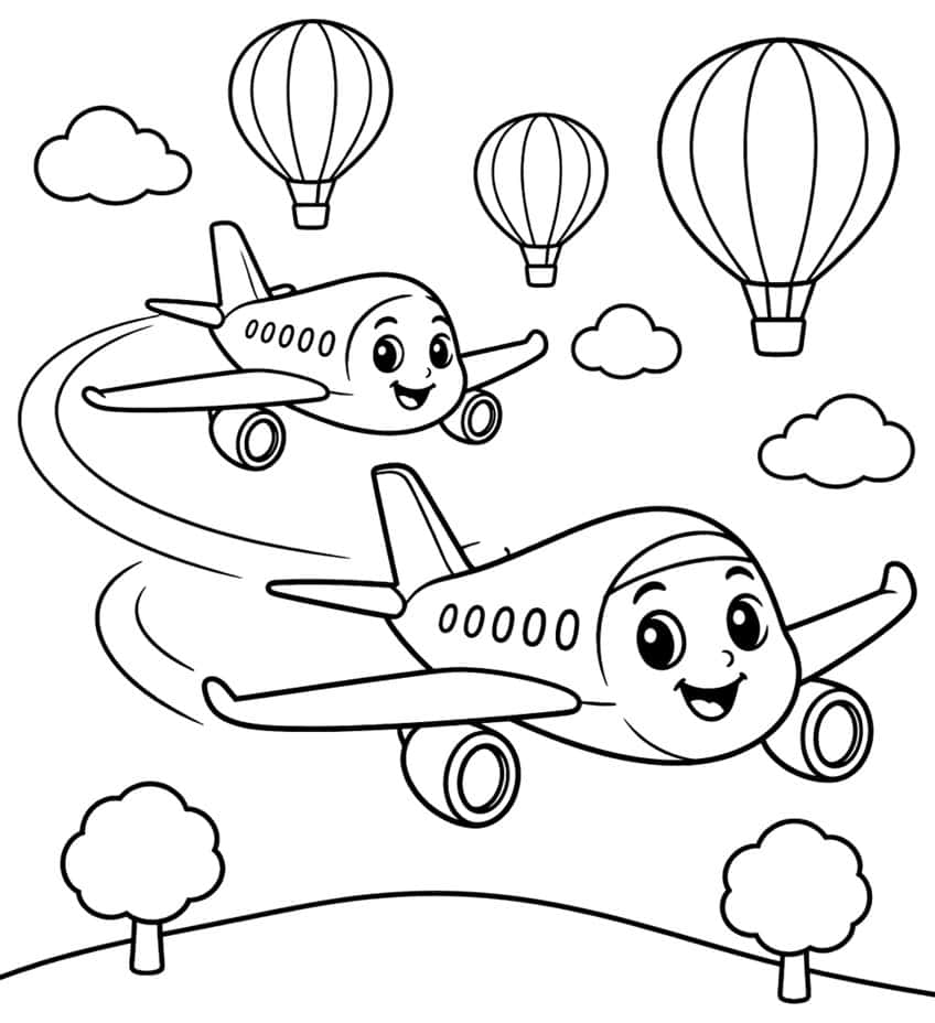 Two smiling cartoon airplanes flying past hot air balloons, clouds and trees on a hill