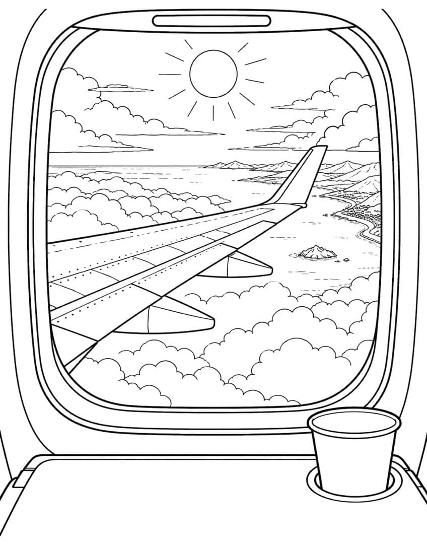 Coloring page of an airplane wing seen through a cabin window over clouds, coast and mountains