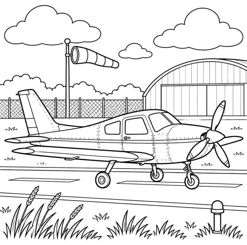 Coloring page of a small propeller plane parked on an airfield with a windsock and hangar