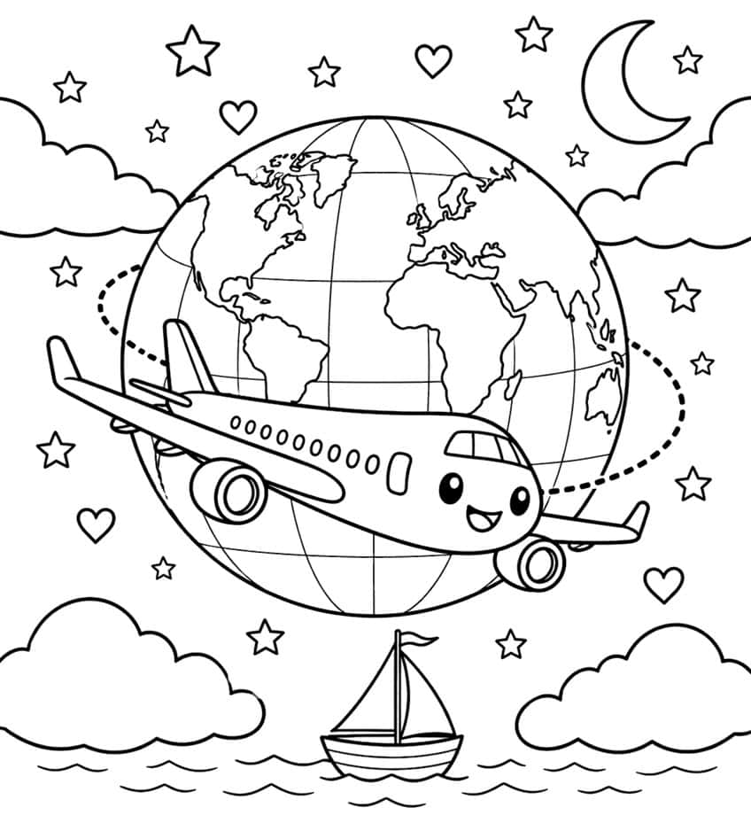 Coloring page of a smiling airplane flying around a globe above a sailboat, with stars and a moon