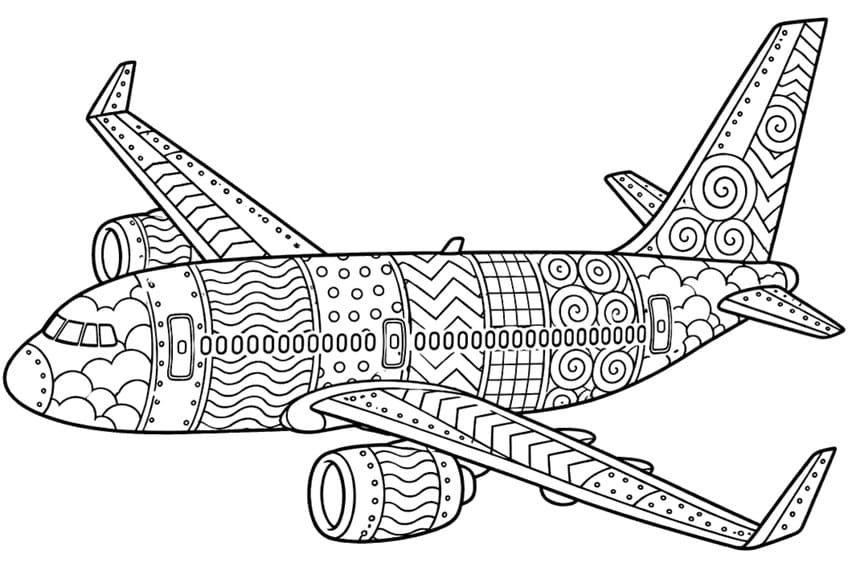 Coloring page of a passenger jet decorated with zentangle patterns like waves, swirls, dots and chevrons