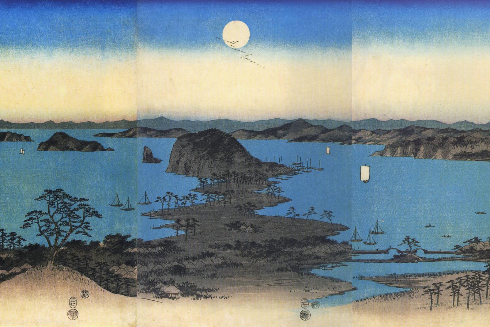 Moonlight spreads across Kanazawa’s coastline, sailboats, bridges, and distant mountains in Hiroshige’s wide triptych.