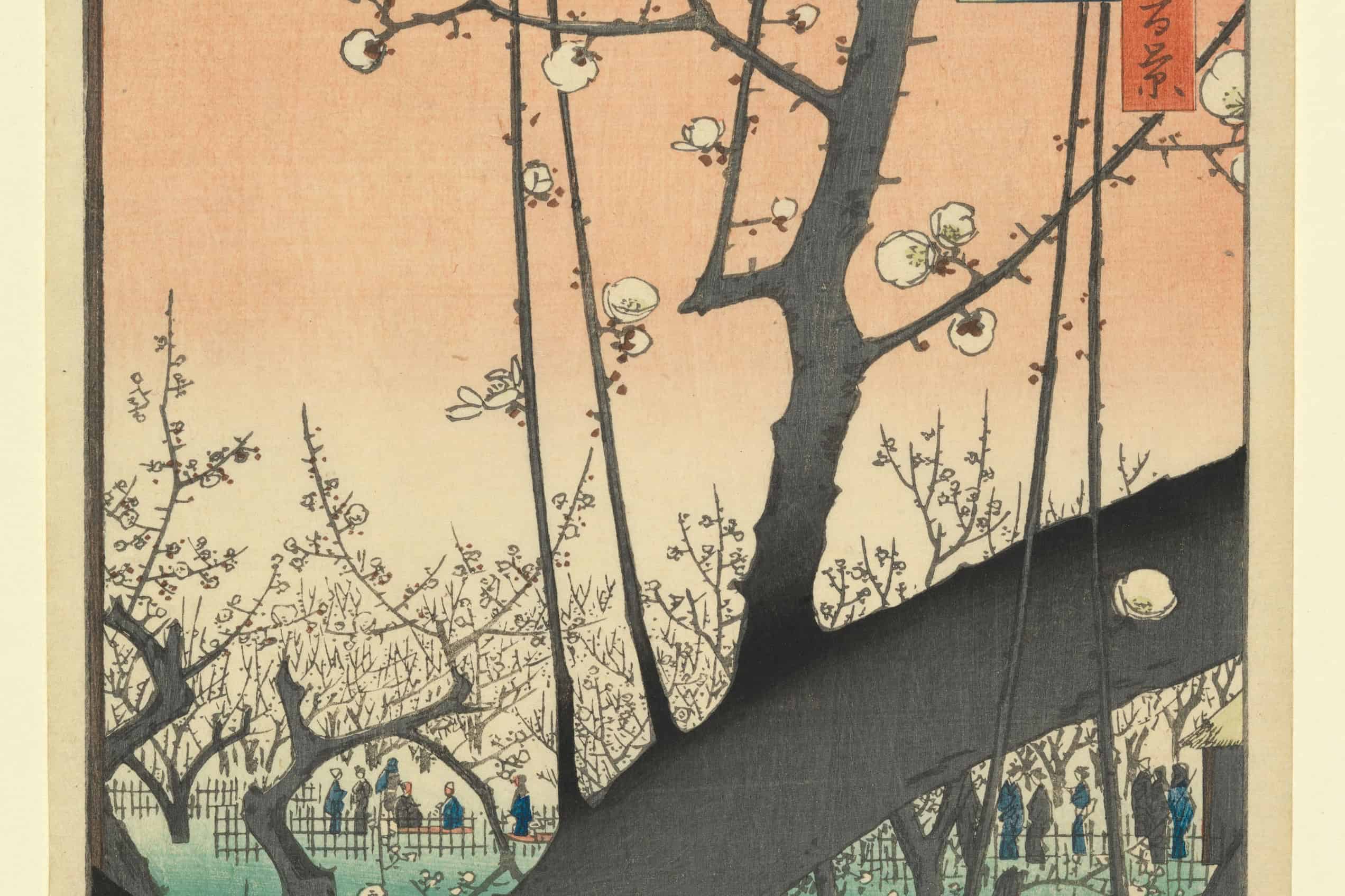 A thick plum trunk and flowering branches frame visitors in Hiroshige’s 1857 Plum Garden at Kameido.