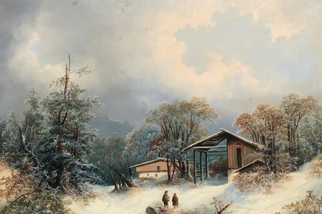 A broad snow-covered landscape with small figures beneath a pale winter sky.