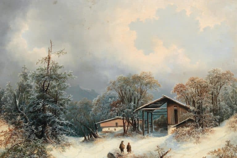 A broad snow-covered landscape with small figures beneath a pale winter sky.