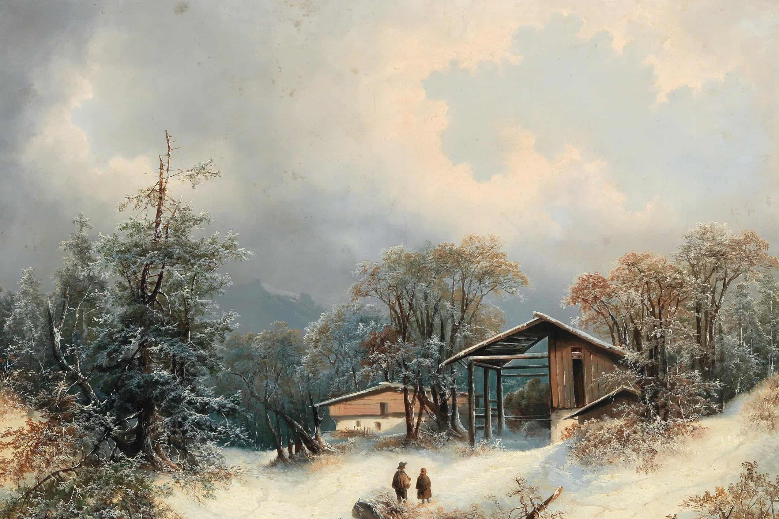 A broad snow-covered landscape with small figures beneath a pale winter sky.