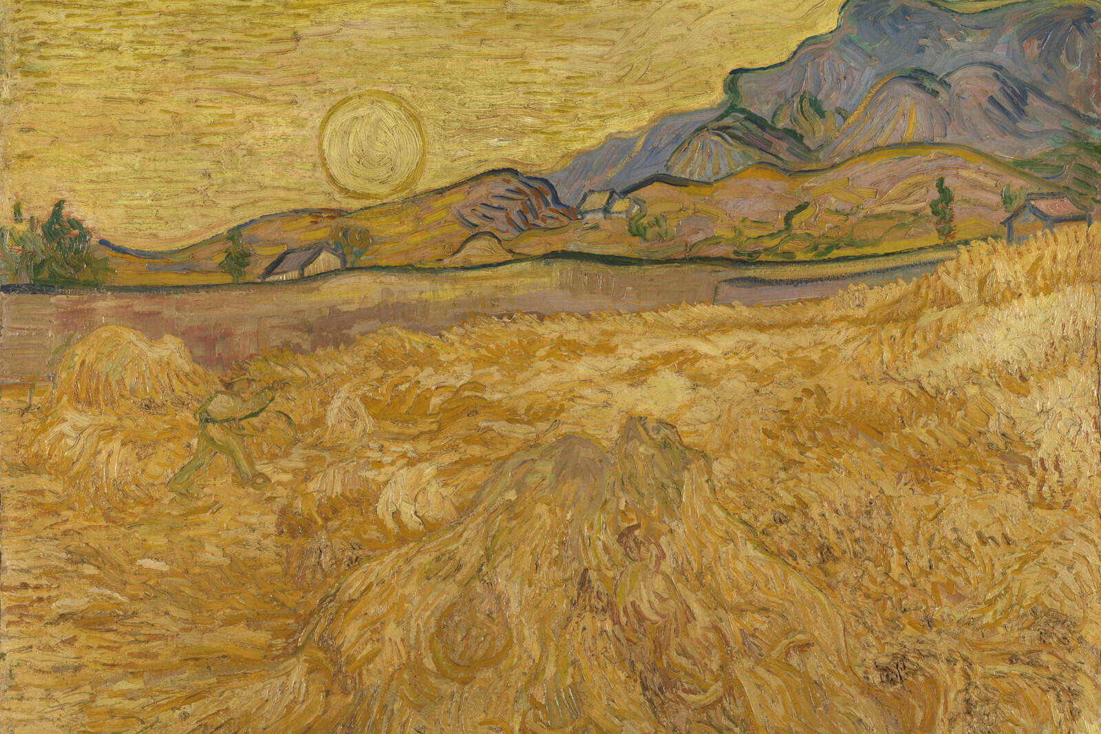A reaper works beneath a large yellow sun in Vincent van Gogh’s swirling golden wheat field.