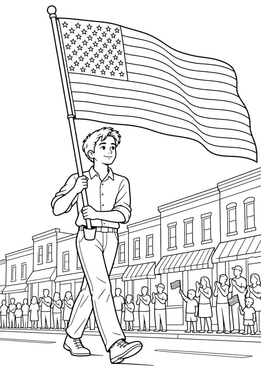 Young man marching with a large American flag past clapping spectators and striped-awning shops
