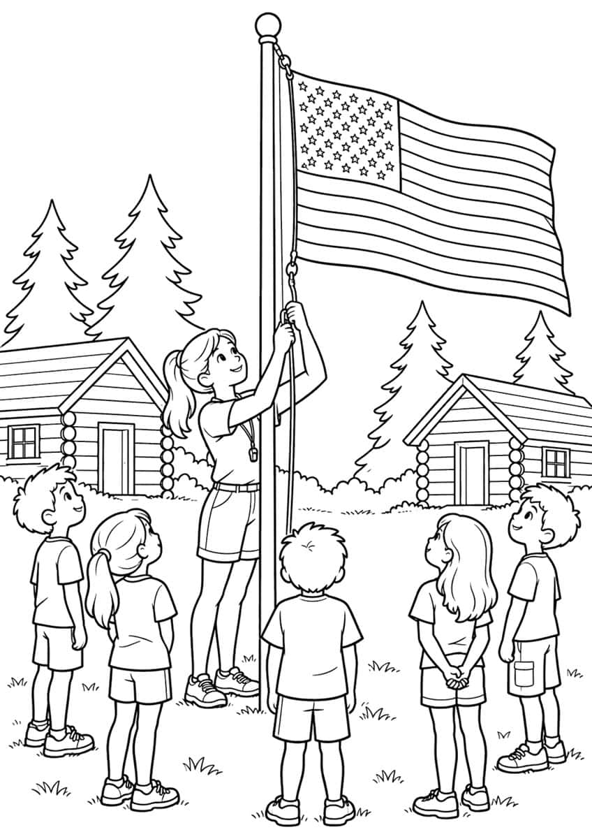 Counselor raising an American flag on a pole, five children watching, log cabins and pine trees behind