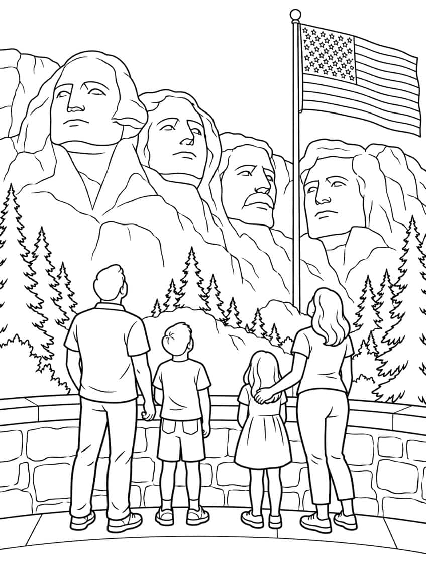 Family of four at a stone wall looking up at Mount Rushmore, pine trees and an American flag on a pole