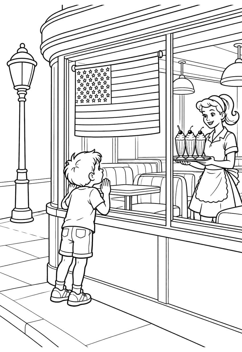 Boy at a diner window watching a waitress with three milkshakes beneath a hanging American flag, street lamp at left