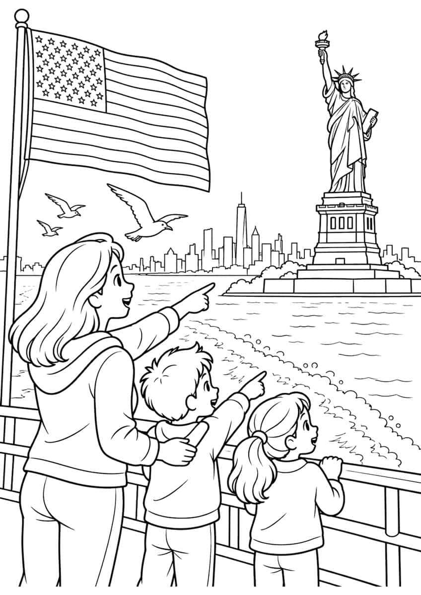 Mother and two children on a ferry pointing at the Statue of Liberty, with a flag, seagulls and skyline
