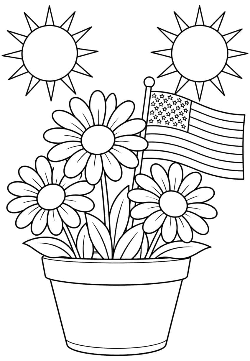Flowerpot with three daisies and a waving American flag, two suns above