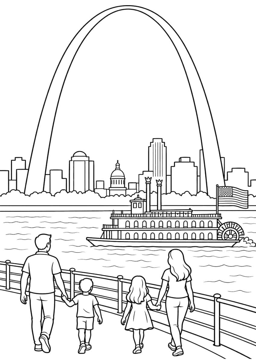 Family of four walking along a river railing, paddle steamer with flag, skyline and the Gateway Arch