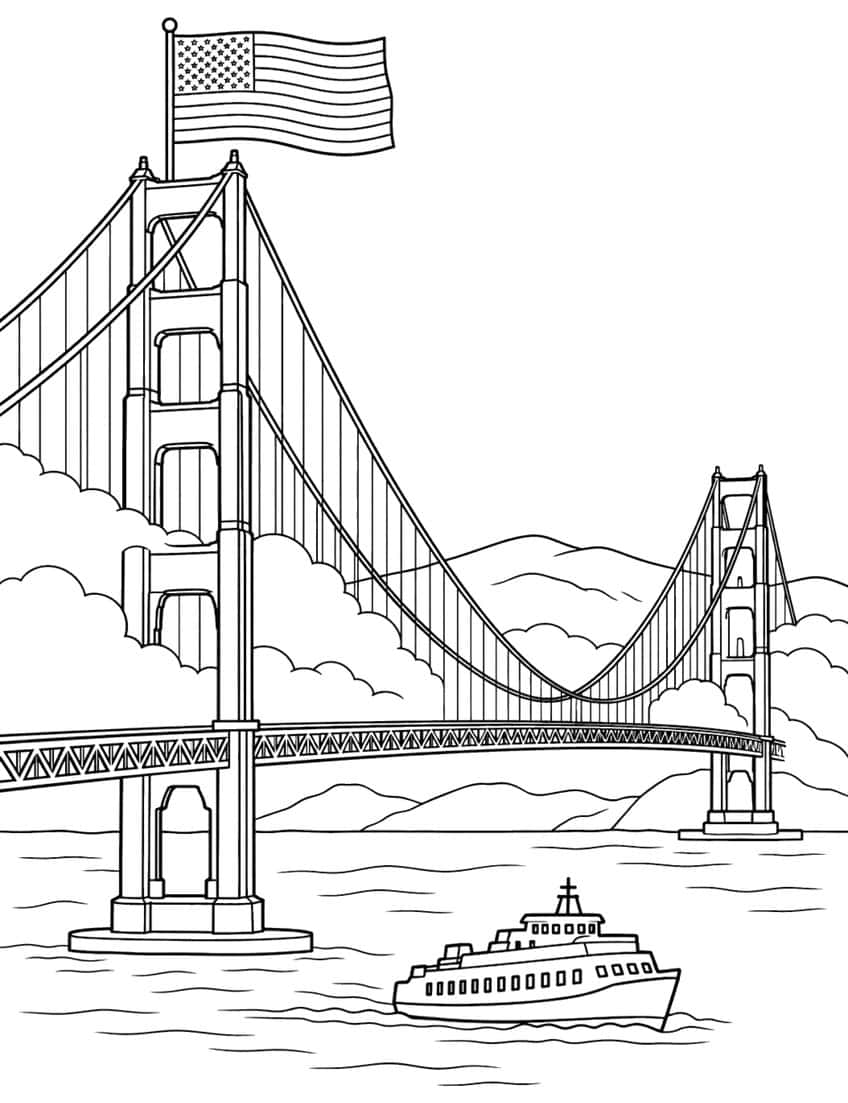 Golden Gate Bridge with a waving American flag, a ferry on the water, fog banks and hills