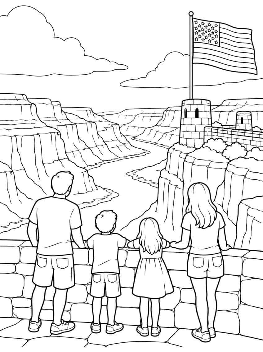 Family of four at a stone wall overlooking a canyon with a river, a stone tower and an American flag