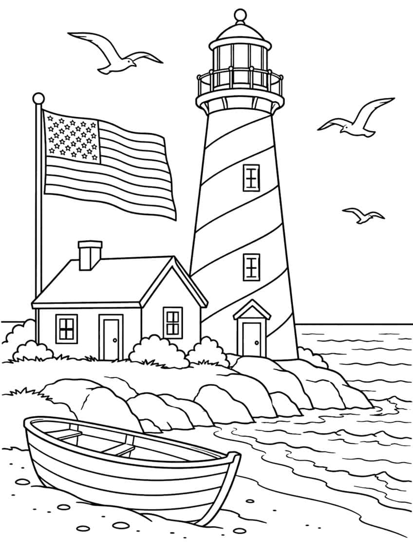 Striped lighthouse, cottage, American flag on a pole, three seagulls, rocks, sea and a rowboat on the beach
