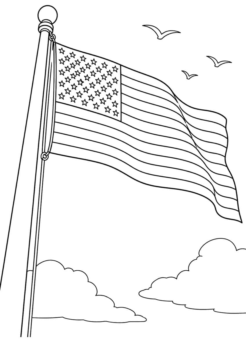 American flag waving on a tall pole with three birds and clouds in the sky