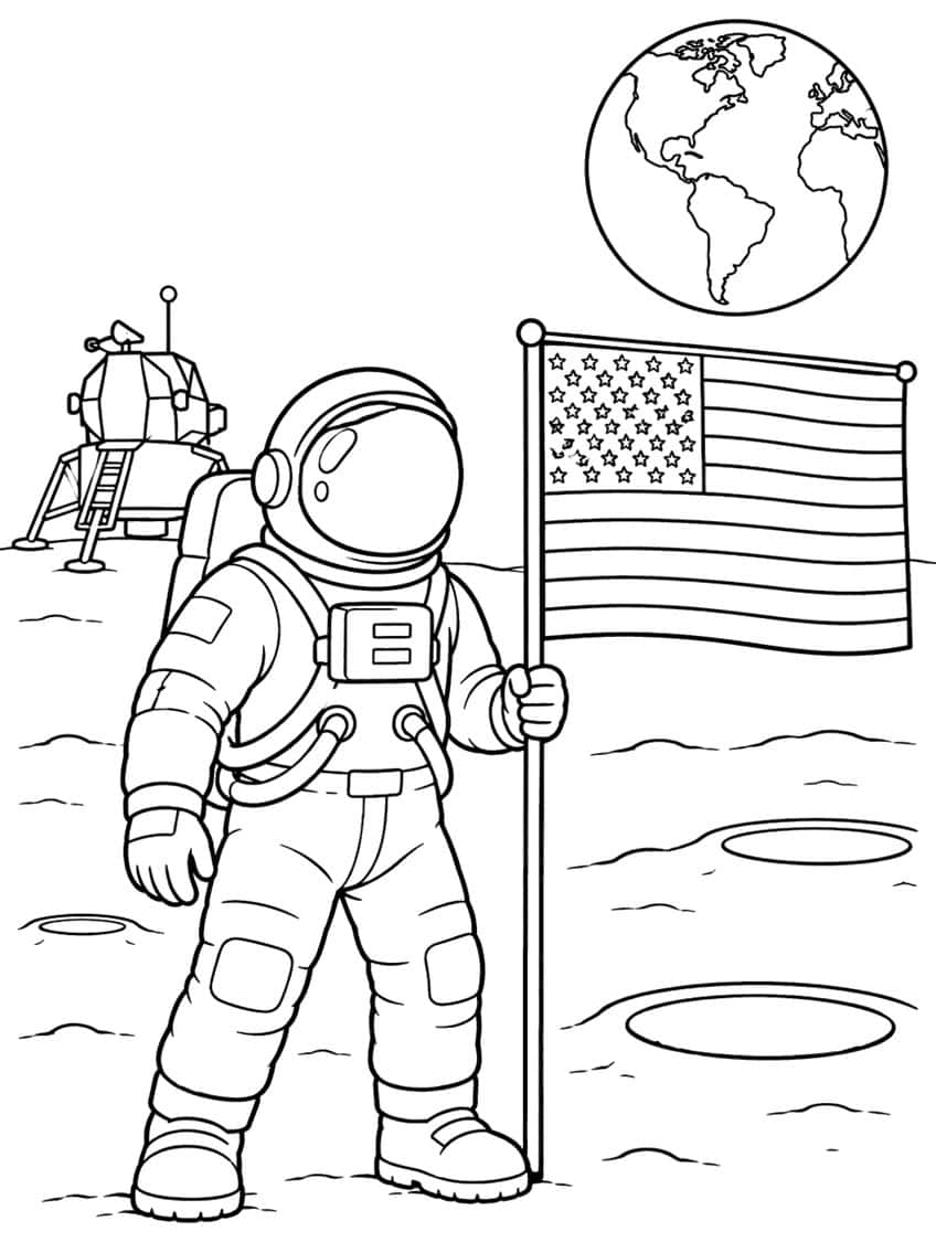 Astronaut holding an American flag on the moon beside a lunar lander, craters and Earth in the sky