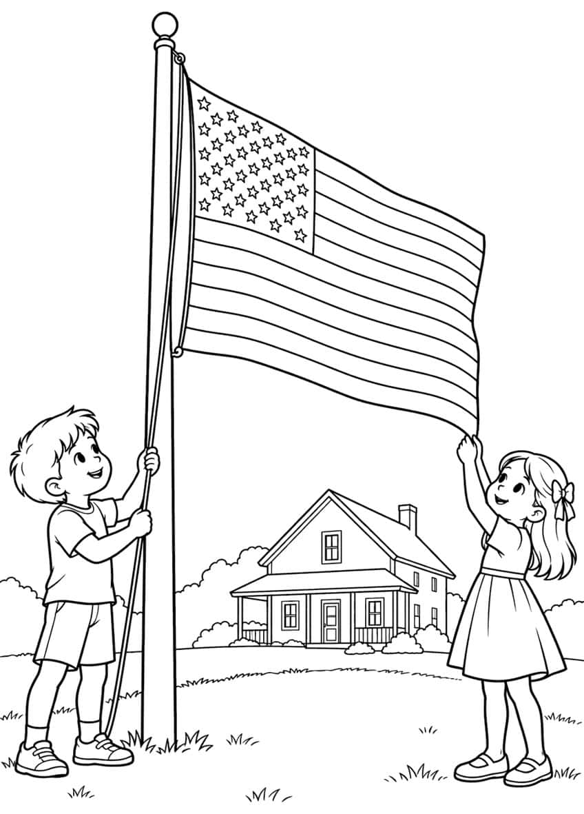 Boy and girl raising a waving American flag on a pole, with a farmhouse and lawn behind