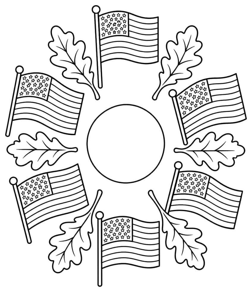 Ring of six waving American flags and oak leaves around an empty center circle
