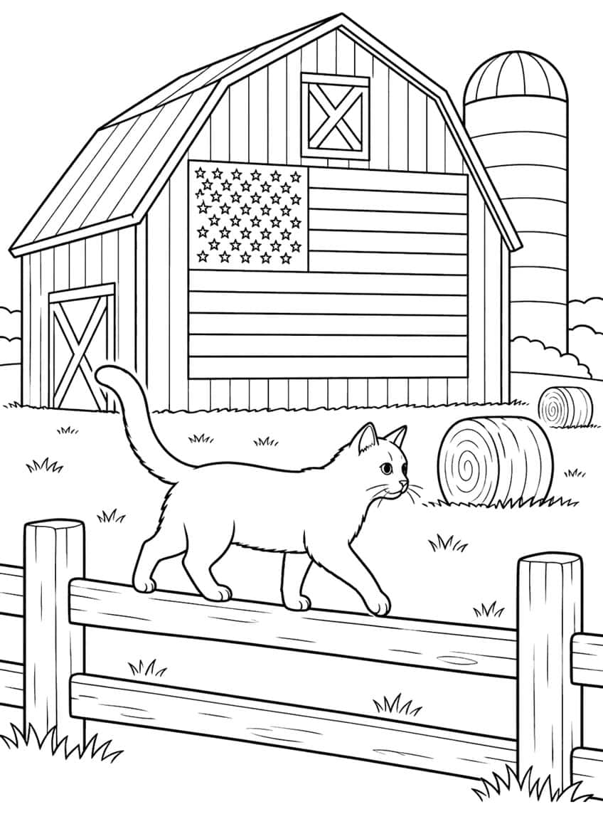 Cat walking on a fence before a barn with a painted American flag, silo and hay bales