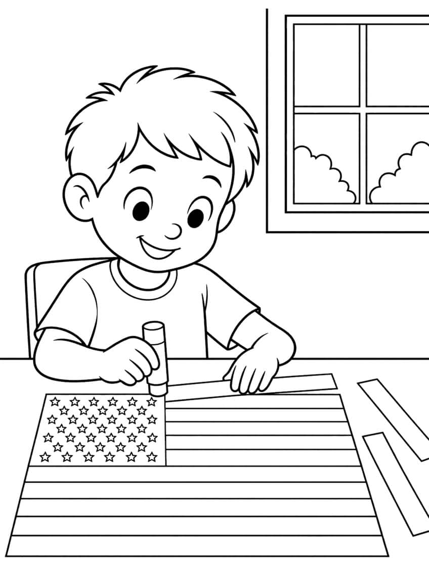 Smiling boy with a glue stick making a paper American flag at a desk, window with clouds behind him