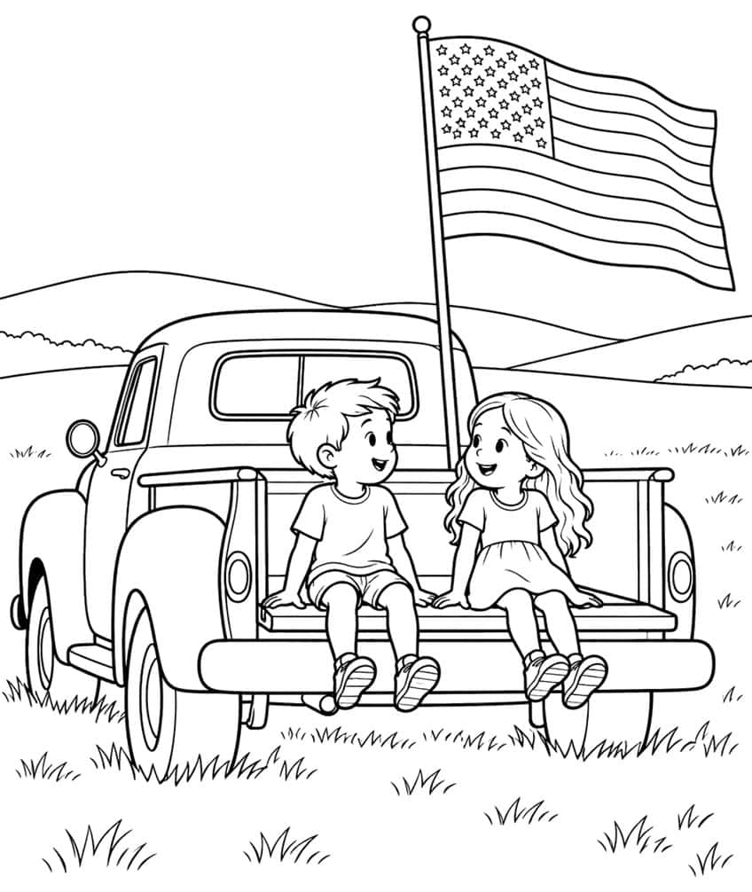 Boy and girl on a pickup truck tailgate beside a tall pole with a waving American flag in a meadow
