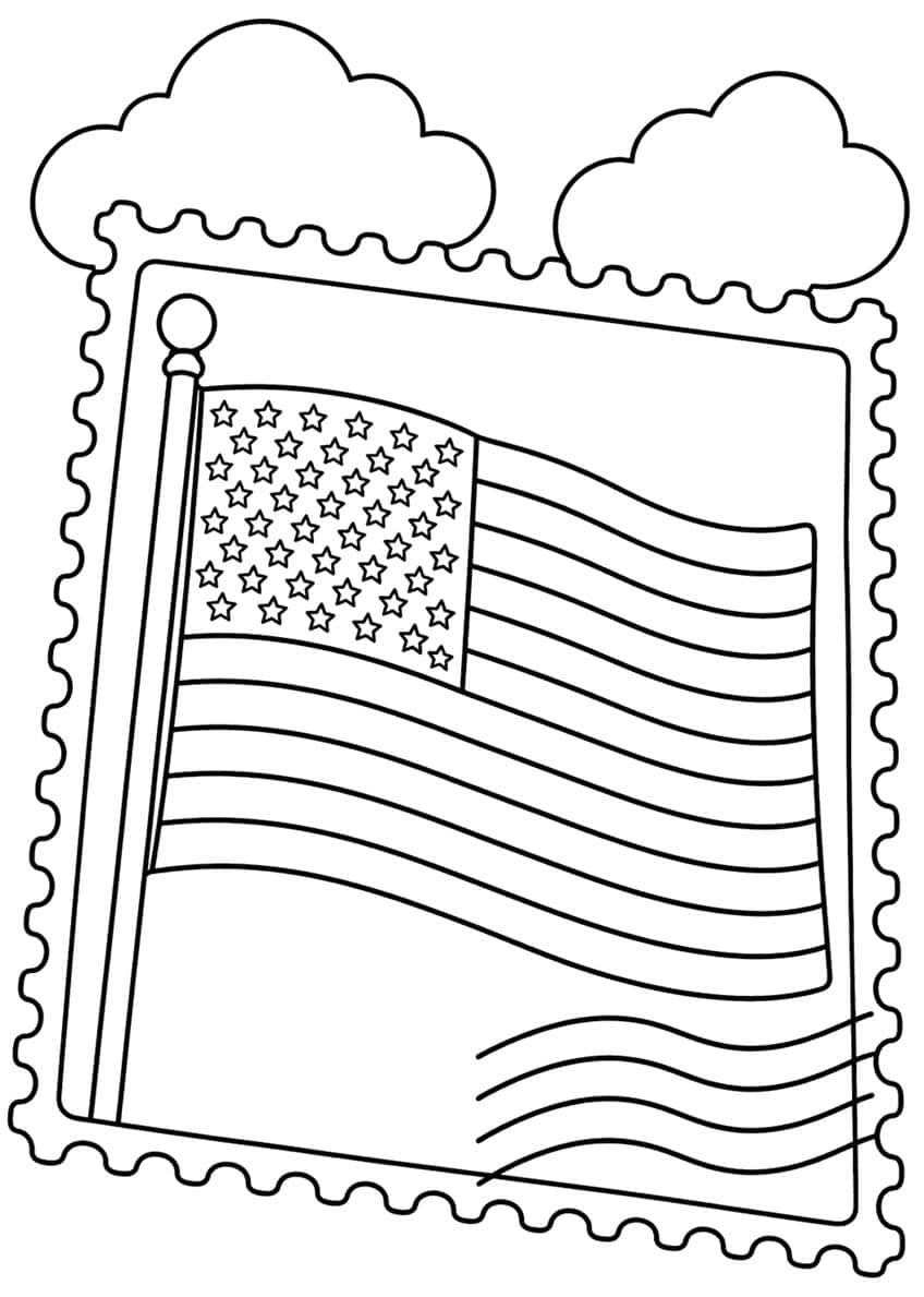 Waving American flag on a pole inside a perforated postage stamp with wavy postmark lines and two clouds