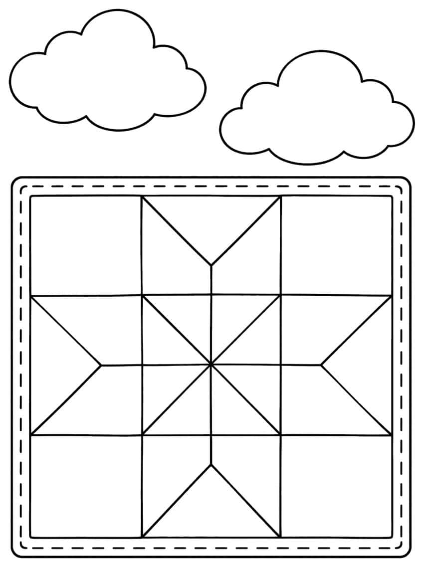 Quilt block with an eight-point star, dashed stitched border and two clouds above