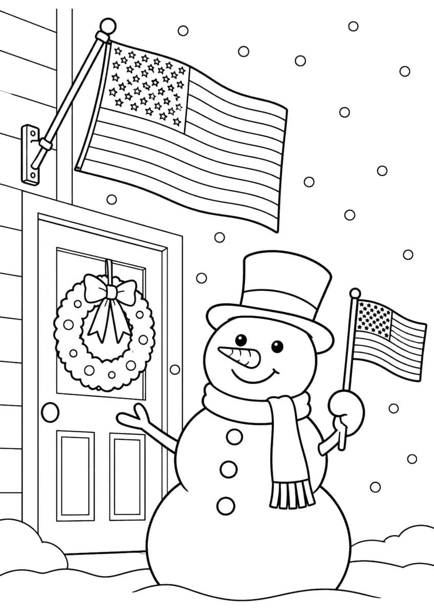 Snowman with top hat and small flag beside a wreath door, large flag on wall pole, falling snow