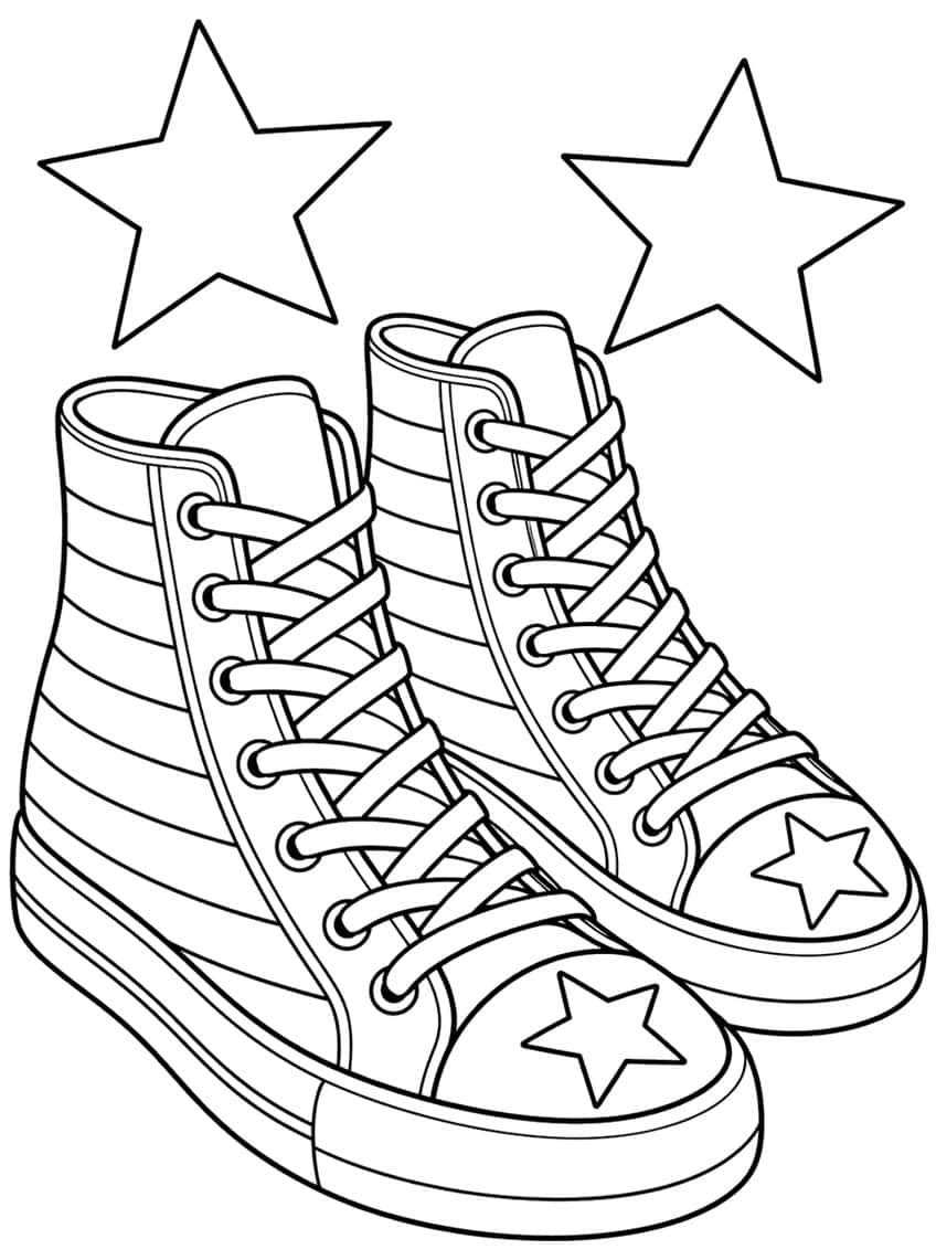 Pair of high-top sneakers with striped sides, laces, star toe caps and two big stars above