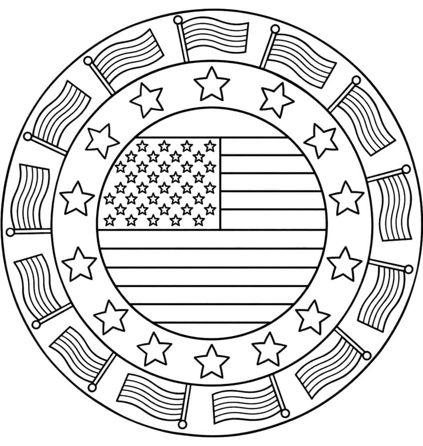 Round American flag inside rings of large stars and small waving flags on poles