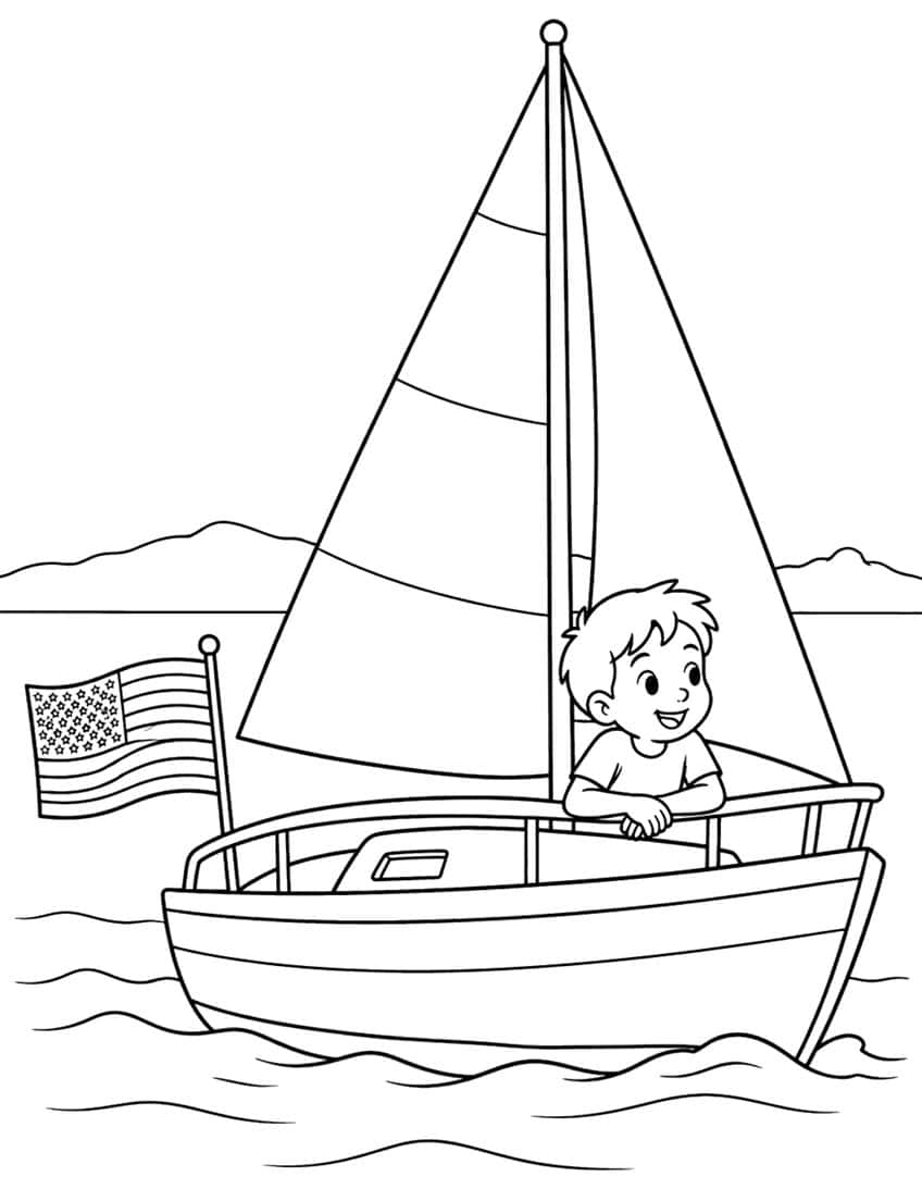 Smiling boy in a sailboat with a large sail, a small American flag at the stern, waves and hills