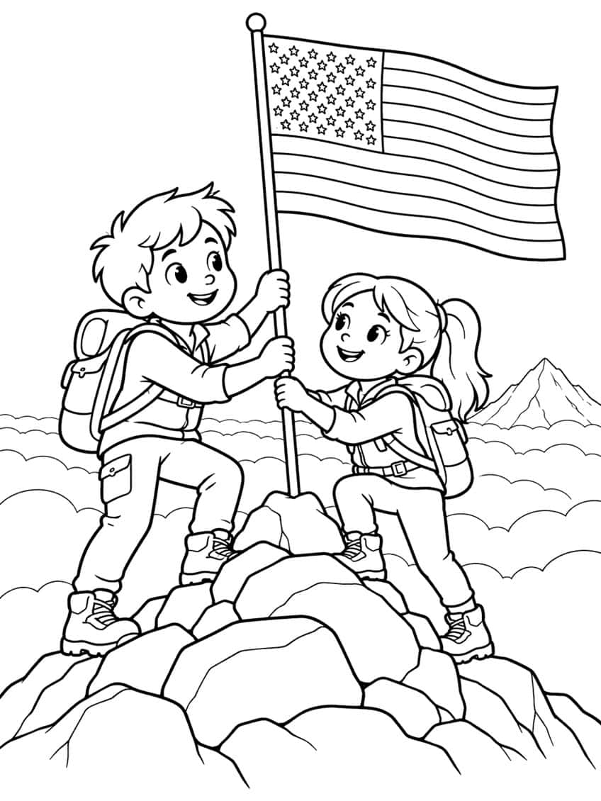 Two smiling child hikers with backpacks holding an American flag on a rocky summit above the clouds